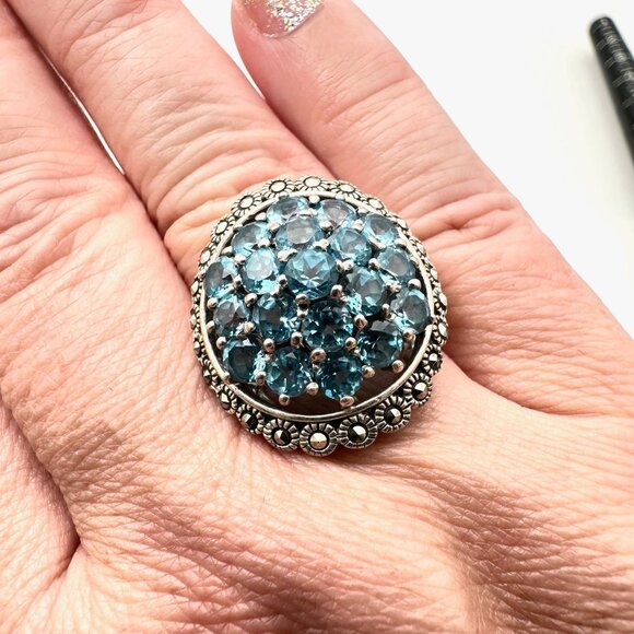 Estate Womens Ring Sterling Silver Blue Topaz Cluster Marcasite Size 9 Signed NF - Picture 4 of 9
